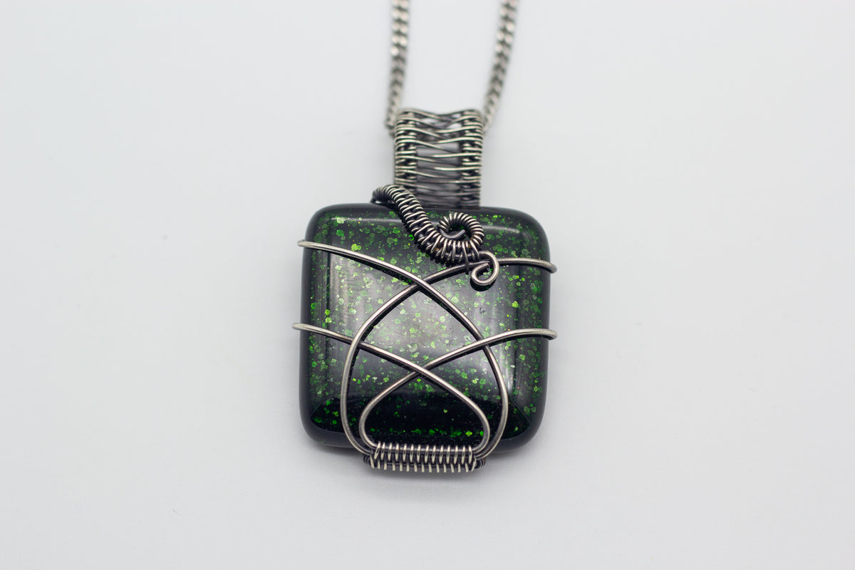 Sterling Silver Wire Wrapped Dichroic Glass Pendant | Memorial Jewelry Oxidized (dark) / Green / in Backing