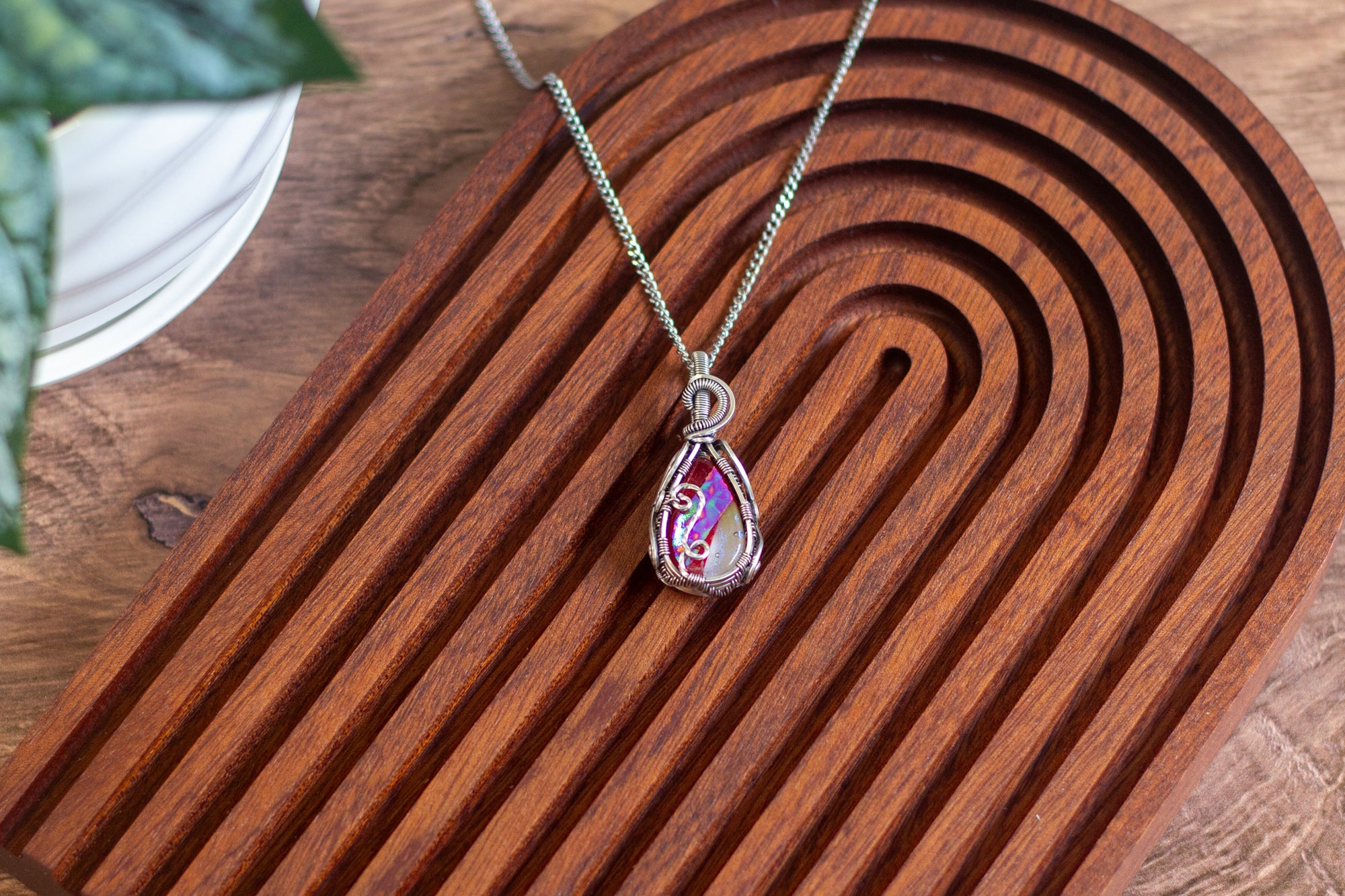 Sterling Silver Teardrop Pendant with Dichroic Red and White Fused Gla ...