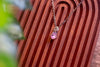 Pink and Black Fused Glass Teardrop Pendant with Copper Wire Wrapping