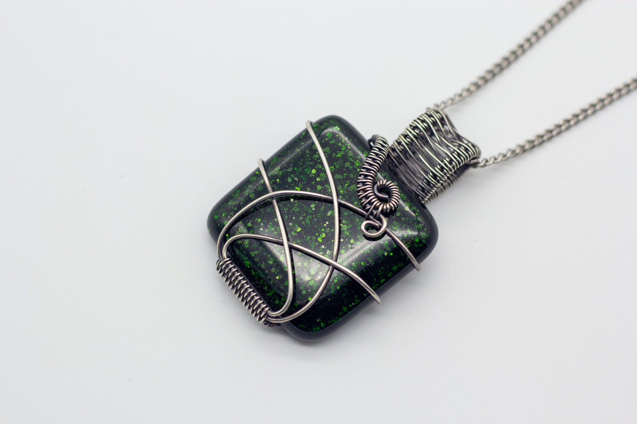 Sterling Silver Wire Wrapped Dichroic Glass Pendant | Memorial Jewelry Oxidized (dark) / Green / in Backing